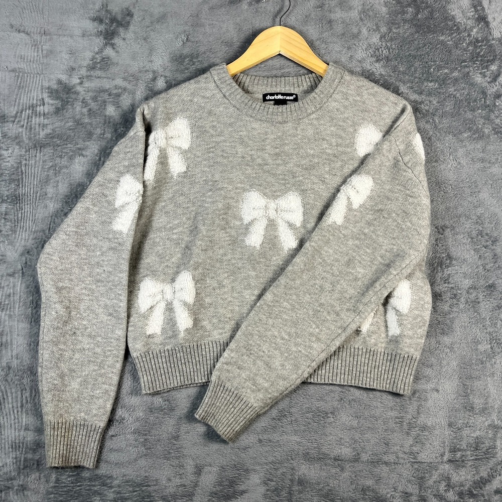 Charlotte Russe Sweater Womens Small Gray Fuzzy Bow Ribbed Trim Knit Warm Winter
